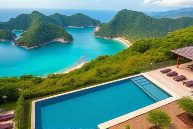 Jeju private pool villa aerial view, luxury travel